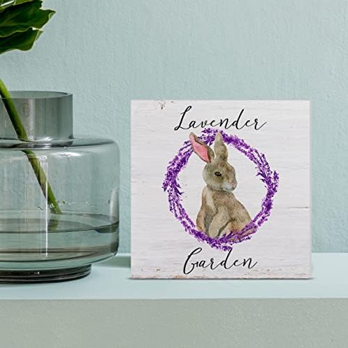 Spring Country Chic Bunny Lavender Garden Caixa de madeira SIGN Farmhouse Box Wood Sign Blocks de arte Desk, sinal