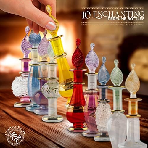 Genie de gênio artesanal, garrafas de perfume miniaturas de vidro sopradas para perfumes e óleos essenciais, conjunto de 10 frascos decorativos, cada um de 2 de altura e cores variadas