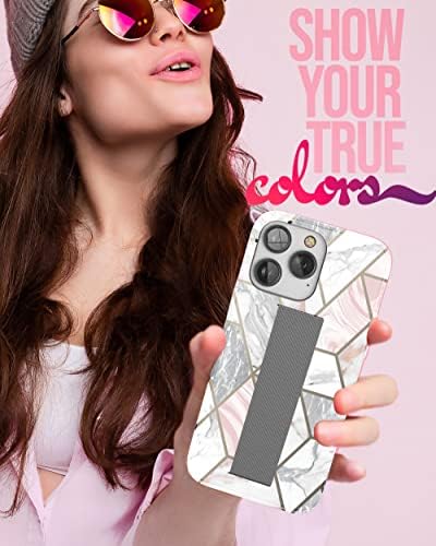 Caixa de loop de dedo fechado projetado para iPhone 14 Pro Max Case com cinta e protetor de tela - Design de mármore fofo para mulheres