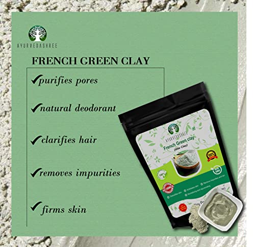 Ayurvedashree francês argila verde em pó 200 g | Clay pura de Montmorillonite | Absorve excesso de óleo