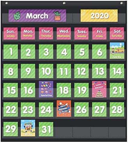 O gráfico de bolso do calendário mensal da sala de aula da Eamay com 71 cartões para crianças que aprendem para