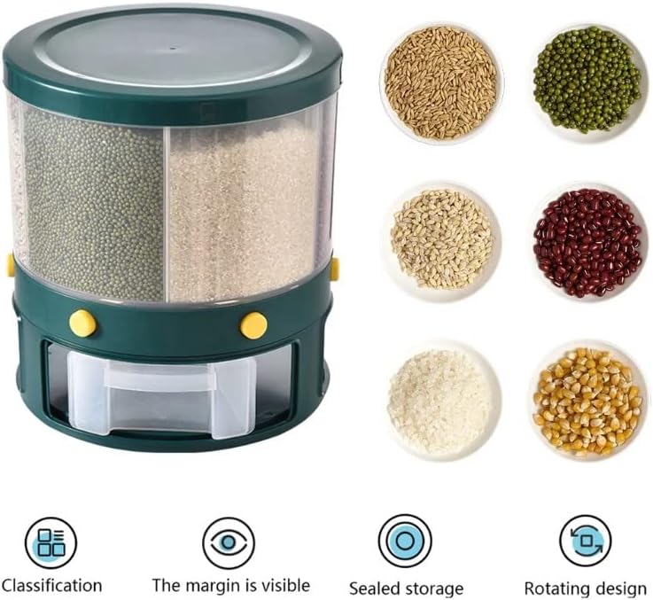 Dispensador de arroz Baihogi, dispensador de grãos rotativos de 6 grades, balde de armazenamento de arroz visível