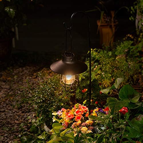 2 pacote ekq pendurado luzes solares lanterna com gancho de pastor, metal à prova d'água Edison Luzes para o jardim