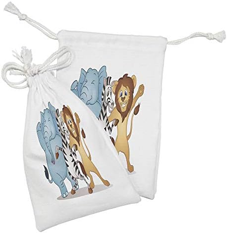 Conjunto de bolsas de tecido de animais lunaráveis ​​de 2, dança de zebra de leão em savannah engraçado desenho animado simples impressão conceitual, saco de cordão pequeno para máscaras e favores de higiene pessoal, 9 x 6, multicolor