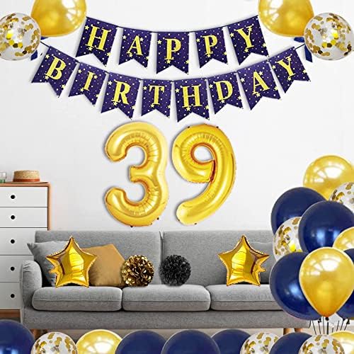 Yujiaonly 39º aniversário decorações de festa Banner de aniversário Gold Número 39º Balões Feliz Aniversário