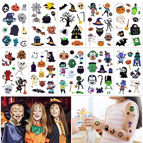Tatuagens de Halloween para crianças, 10 folhas de mais de 100 tatuagens de crianças temporárias para decorações de Halloween truque ou tratamento de festas de aniversário favorece tatuagens de abóbora fantasmas