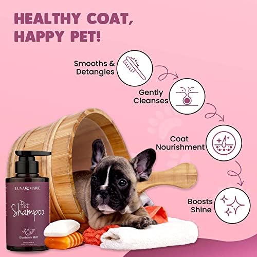 Shampoo de animais de estimação de Lunamarie, cuidando de cães e gatos, fórmula hidratante para animais de estimação, caspa, coceira e alívio da pele seca, desodorização da hortelã de mirtilo e shampoo de banho calmante