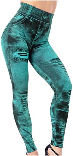 Calças casuais femininas imitação de jeans de jeans elástica de cintura alta altas calças de jeans raspadas de