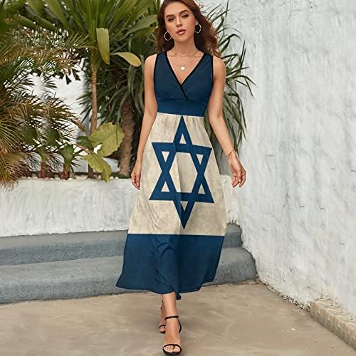 Vintage Israel Flag Women's sem mangas v vestido comprido tanque casual maxi