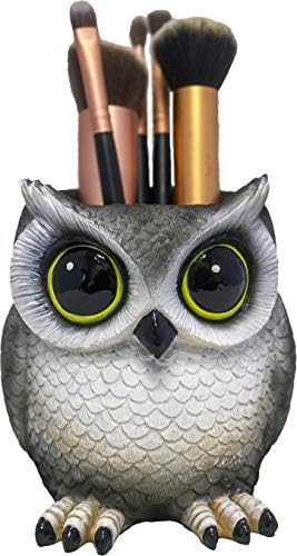 DWK Grey Owl Makeup Brush Holder Organizer Caddy | Produtos de banho feitos à mão e organizador de maquiagem para vaidade | Presentes da fazenda corujas decoração estátuas fofas para decoração de casa - 4