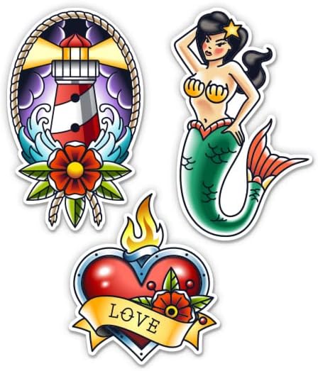 Mermaid Lighthouse Heart Classic Tattoo Style Conjunto de 3 - 10 Cada adesivos de vinil Decalques