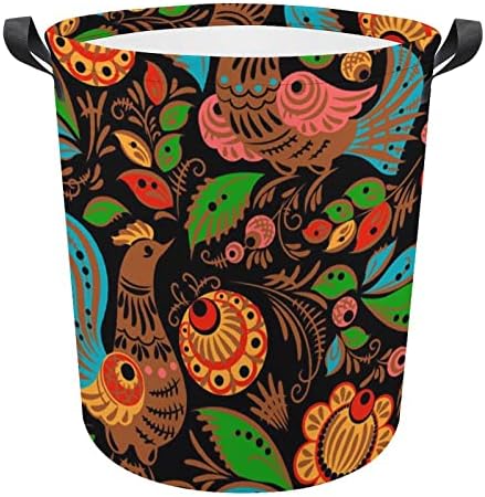 Padrão de arte folclórica polonesa com galos de lavanderia cesto de cesta de lavagem de bolsa de armazenamento de armazenamento dobrável com alças