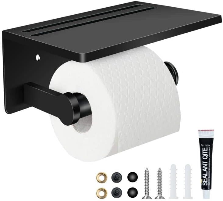 Suporte de papel higiênico-higiênico com prateleira, preto anti-Rust Aluminium Tissue Roll Solter com dispensador de prateleira de telefone para banheiro, montado na parede com parafusos
