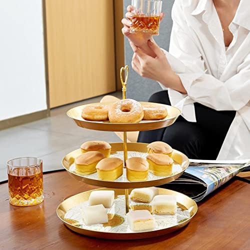 Dragonbtu 3 cupcakes de camada com haste dourado plástico de plástico de sobremesa bandeja de torres