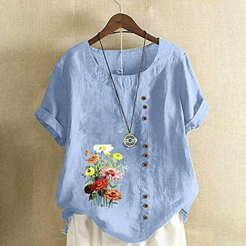 Camisa de linho de algodão para meninas de manga curta Button Crewneck para cima Daisy Floral Graphic Brunch