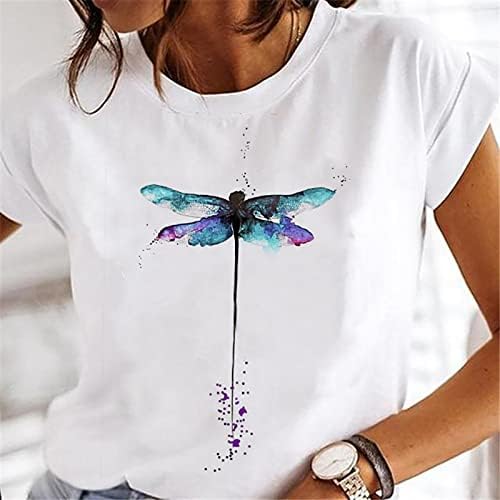 Tees gráficos Tops para mulheres dente-de-leão 3D, borboleta, penas camisetas casuais de verão