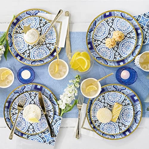 Placas de papel florais azuis da Coterie - pratos de papel decorativos azuis e brancos para chuveiro de noiva,