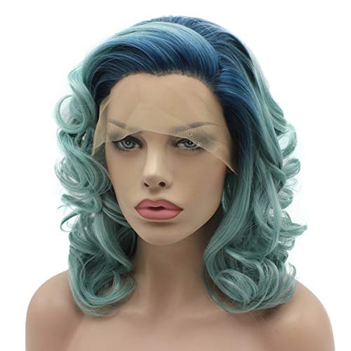 Lushy Blue Raiz Blue Azul Comprimento médio 16 polegadas Wavy Wavy Lace Front Wig
