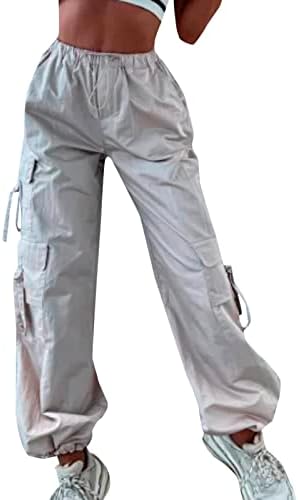 Calça de risca de mulher feminina casual calças de carga solta retro bolso de bolso baixa cintura ladrilho fivela