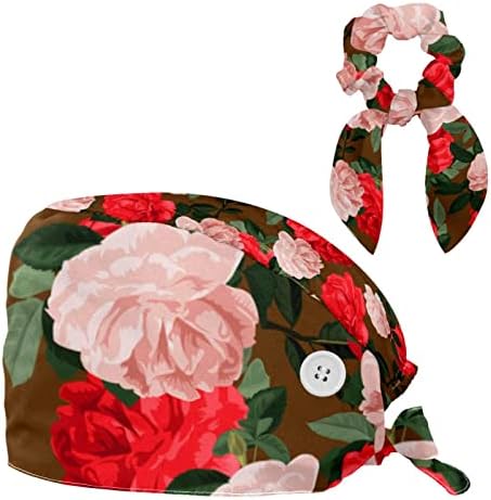 Lindas flores vermelhas de camellia rosa com bonés com chapéus de amarração de botão com fita de