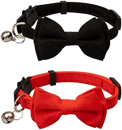Gyapet Cat Collar Segurança Buckle Bellle Bell Tie Bow Bow Color Basic Solid Wedding 7-11 em preto e vermelho