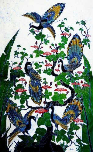 Pintura original de arte Batik em tecido de algodão, pavões em uma árvore 'por Agung