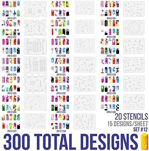 Estênceis de unhas de aerógrafo de arte corporal personalizada - Conjunto de séries de design # 12 inclui 20 modelos de unhas individuais com 18 desenhos cada um para um total de 360 ​​designs da série # 12