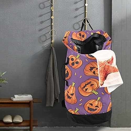 Pumkin Halloween Saco de lavanderia pesada Mochila de lavanderia com alças de ombro Handles Travel Saco de lavanderia