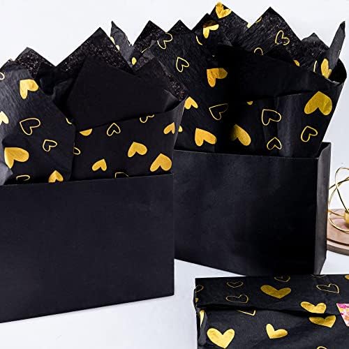 Sr. Cinco Grande Tamanho Black Gold Heart Tissue Papel Bulk, 20 x 28, papel de seda de design de coração