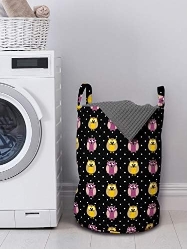 Bolsa de lavanderia lunarável, corujas de estilo infantil em padrão repetindo em fundo escuro pontilhado, cesto