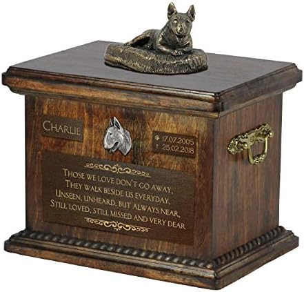 Bull Terrier mentindo 3, urna para cães cinzas memorial com estátua, nome do animal de estimação
