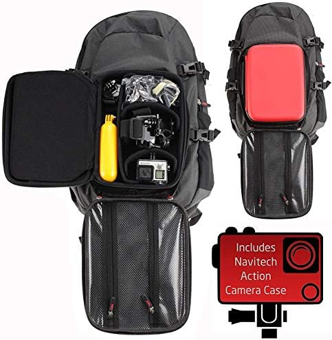 Backpack da câmera de ação Navitech e estojo de armazenamento vermelho com cinta de tórax integrada