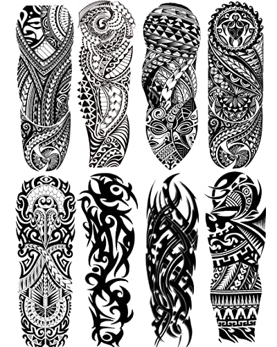 Mangas de tatuagem tribal de Padoun para homens, tatuagens de tatuagens temporárias de 8 folhas de 8 folhas de manga de totem preto, tatuagem falsa de manga temporária realista à prova d'água