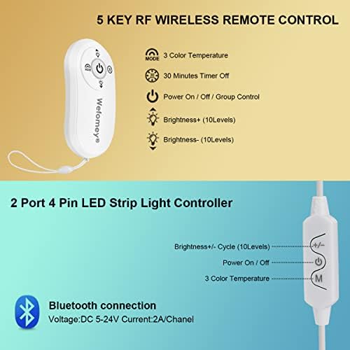 Controlador LED branco ajustável Wefomey, 5-Key 360 ° RF Mini controle remoto sem fio e de aplicativo