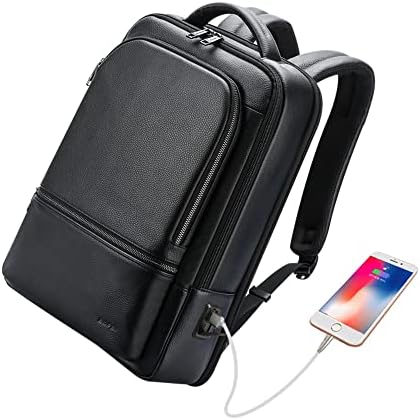 Backpack de couro de couro genuíno Bopai para homens multifuncionais de 15,6 polegadas Laptop Executive Business