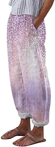 Calças de linho de algodão para mulheres calças de verão casuais com bolsos de cintura alta calças de praia confortáveis ​​calças de harém floral