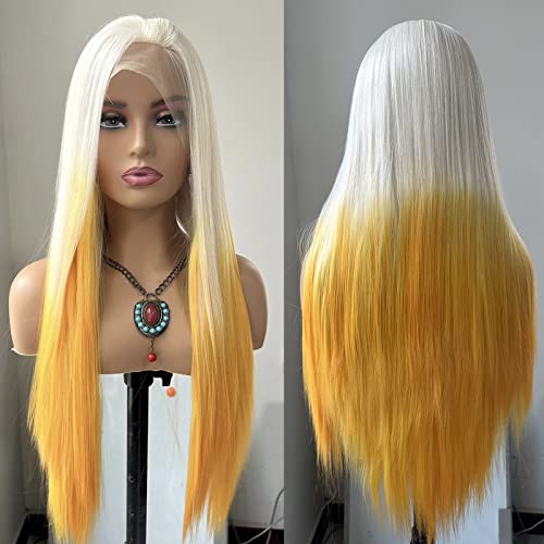 Cocofans ombre Wigs dianteiro de renda amarela para mulheres longas peruca sintética longa loira para cabelo