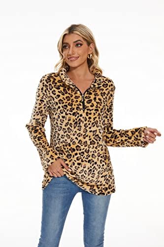 P & A Fashion feminino de manga longa com estampa de leopardo moletom v alvógrafo de lã de zíper de zíper de
