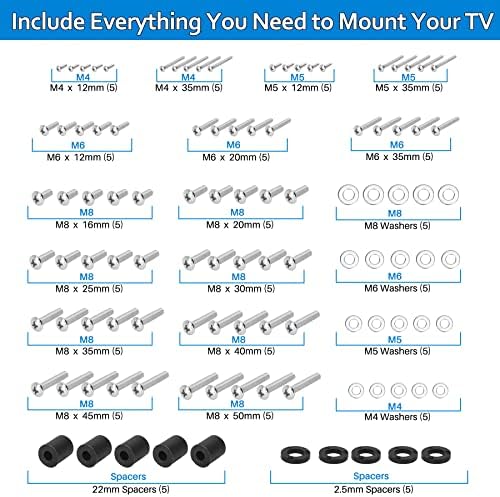Parafusos universais de montagem de TV, kit de hardware de montagem de TV em aço inoxidável inclui parafusos