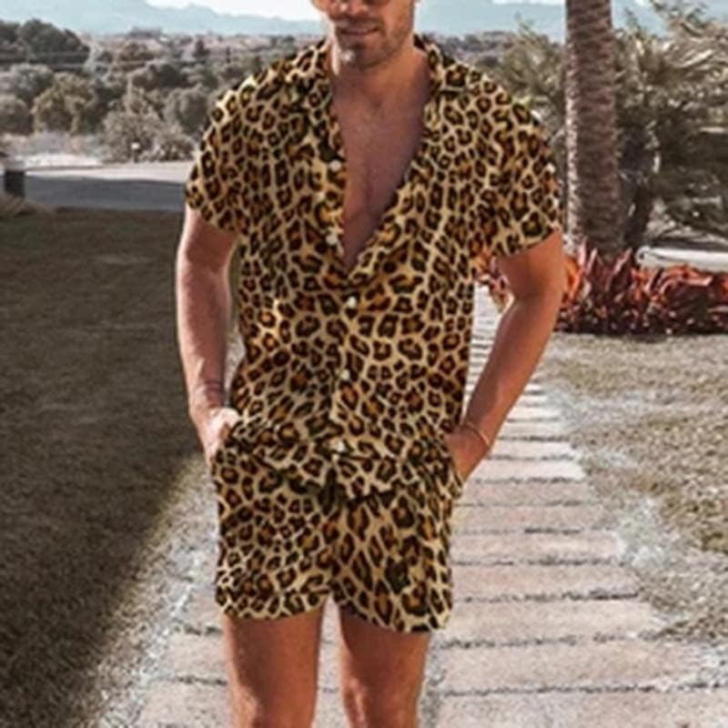 N/A Summer Mody Men define o streetwear leopard leopard lapela de manga curta camisa de praia