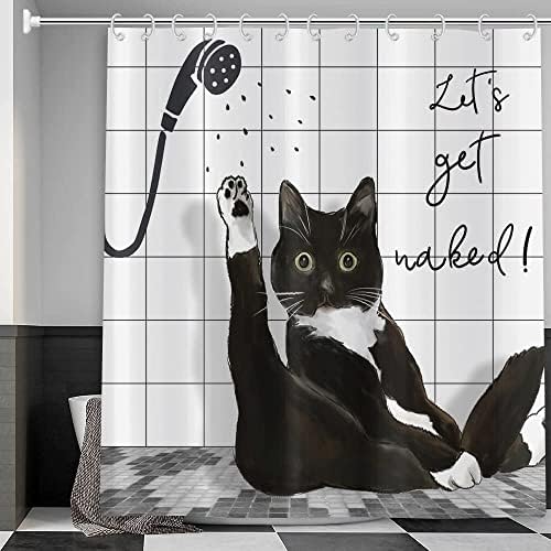 Cortina de chuveiro de gato preto do gcirec, gatinho engraçado tomando banho, pegue a cortina de banheiro