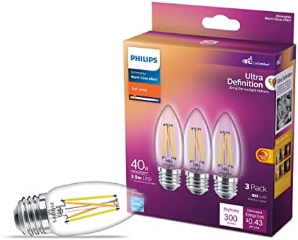 Philips LED LED FLICKER FREE Classic Glass Ultra Definição, Tecnologia do Economito, Lâmpada B11 B11, 300 lúmen, branca macia, 3,5w = 40w, base E26, certificado T20, 3-pacote