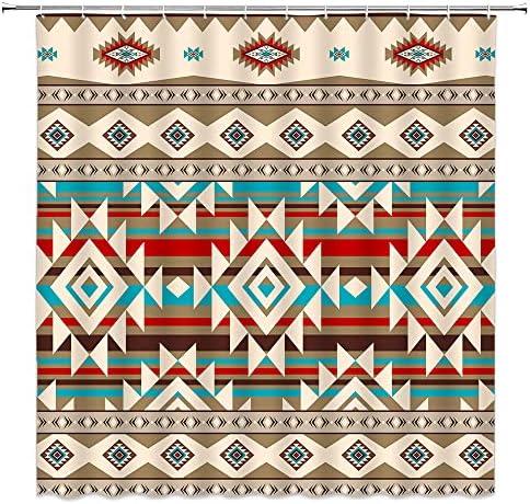 Cortina de chuveiro aztec hykhyk sudoeste retrojo navajo americano abstrato geométrico étnico étnico decoração