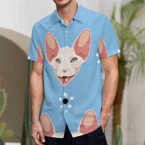 Polca Dot e Sphynx Cat Hawaiian Shirt Short Manga Pocket Slim Fit Button Down Top Funny