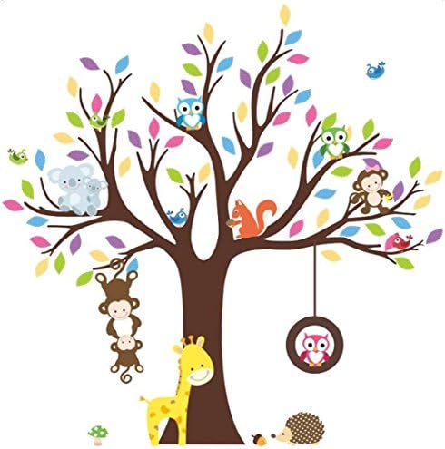 Horbous 40 ” * 43” 3d desenho animado Animal Monkey Owl Tree Wallpaper Adesivos para casa para casa/garotos Quarto/infantil quarto/jardim de infância Decoração de sala de aula -2 estilos