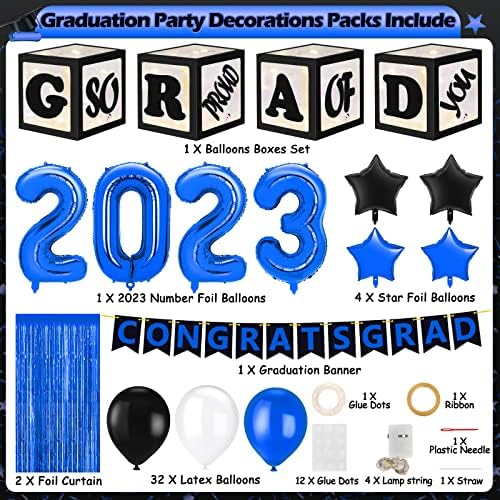 Decorações de festa de formatura 2023, Blue Graduation Decorations Class de 2023 com caixas, balões, banner,