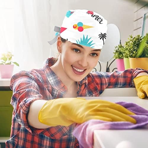 Capinho de trabalho com botões enfermeiro bouffant chapéu pastel flamingo e frutas tampa de lavagem para mulheres cabelos longos