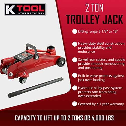 K Tool International 63103A 2 toneladas de carrinho automotivo Jack para garagens, oficinas de reparo e bricolage, portátil, compacto, 4.000 libras. Capacidade, alcance de elevação hidráulica 5.125 - 13, aço para serviço pesado, vermelho