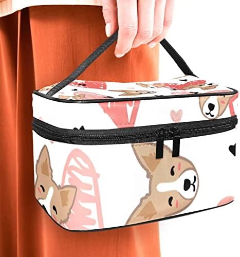 Bolsa de maquiagem de viagem Yoyoamoy com compartimento, cachorro corgi fofo e coração rosa