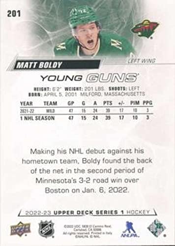 2022-23 Deck superior 201 Matt Boldy Young Guns RC Rookie Minnesota Wild Series 1 NHL Hockey Trading Card